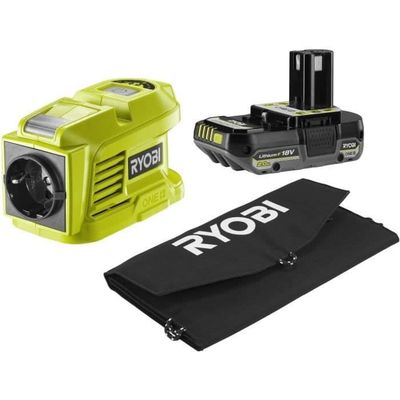 Rejsesæt - RYOBI - 21W solpanel + RY18BI150B-0 transformer/oplader + 1 18V 2,0Ah litiumbatteri