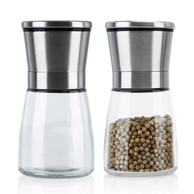 2x Pepparkvarn kryddkvarnar i SILVER 2x Handkvarn av glas och rostfritt stål för köket, perfekt för att mala och krossa peppar, salt, kryddor och