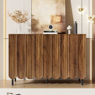 Modernt träfärgat sideboard 120x35x80 cm, vågiga dörrar, grifflöst, justerbara hyllor