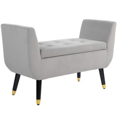 Luksus opbevaringsbænk med armlæn, fløjl/gummitræ, 107x42x65 cm, lysegrå
