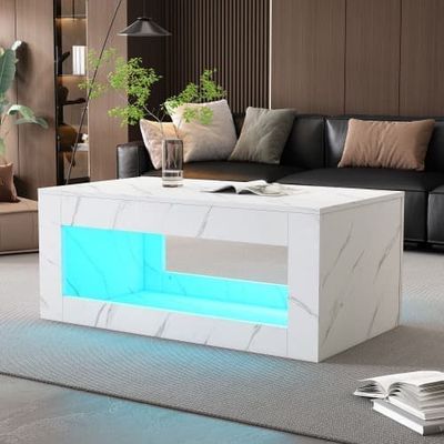 Modernt LED-Couchtisch med marmormönster, högblankt soffbord med fjärrkontroll, stort vardagsrumsbord i vitt