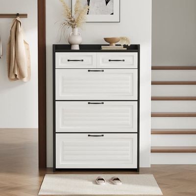 Skoskab med drejelig skoopbevaring, 3 store klapper og 2 skuffer, træ, til entré og stue, B80×D23,5×H131 cm