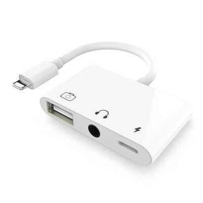 NÖRDIC Lightning adapter til 1xUSB En 1x3,5mm lyd og 1x Lightning White 10cm kabel