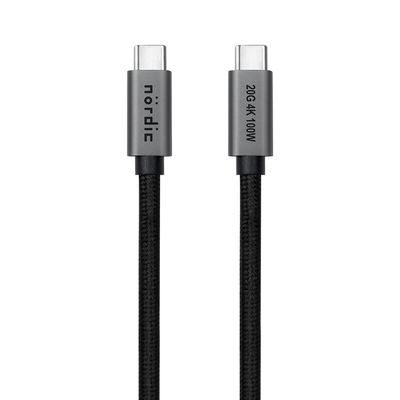 NÖRDIC 2m USB3.2 Gen2 USB-C til C Nylonflettet kabel Hurtiglading med strømforsyning PD100W 20Gbps 5A med Emarker