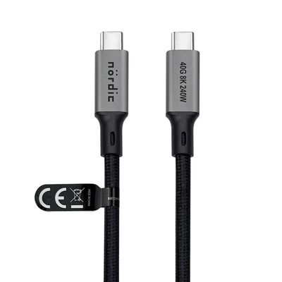 NÖRDIC 3m USB4 USB-C til C nylonflettet kabel PD3.1 240W 40G 8K60Hz 4K144Hz grå