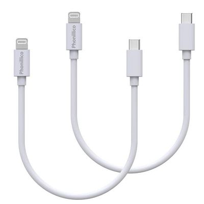Lot 2 Kablar 20cm USB-C Lightning Laddare Vit för iPhone 14 / 13 / 12 / 11 / SE / X / XR / 7 / 8 / 6 / 5 / AirPods Phonillico