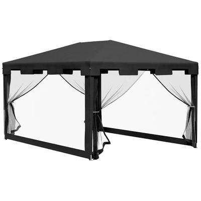 Paviljong 4x3 m med nät-sidor, metall/PE, mörkgrå – för balkong & terrass