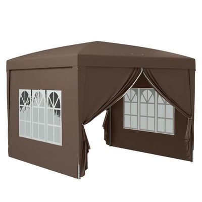 Paviljong ca 3x3 m pop-up, vattenavvisande, vintertålig, UV-skydd 50+, 4 sidoväggar & väska, kaffebrun