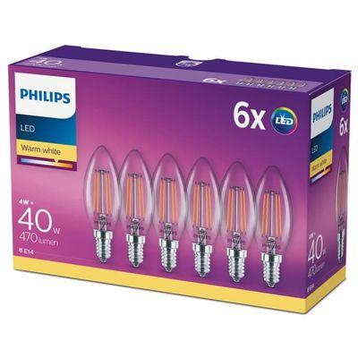 Philips 6-pakning LED E14 Crown 4W (40W) Clear 470lm