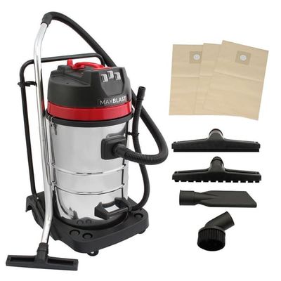 Industriell Dammsugare 80L Vått & Torrt 4 Munstycken Kommersiell Städning 3000W Trippelmotor Rostfritt Stål Tygfilter 1,5 m Slang 9 m Kabel Påslös ell