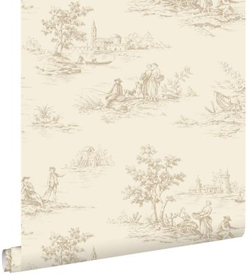 ESTAhome tapet toile de Jouy ljusbeige 50 x 900 cm