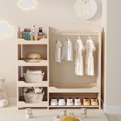 Børnegarderobe med tøjstang og 4 hylder, fritstående garderobeskab til børneværelset, opbevaring i naturligt træ 110×39×110 cm