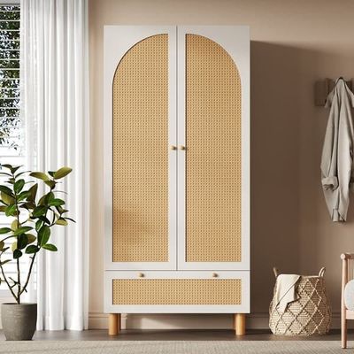 Garderobeskab 180x85x52 cm, hvidt garderobeskab i landlig stil med 2 låger og rattan, stor skuffe, justerbare hylder, tøjstang og anti-tip