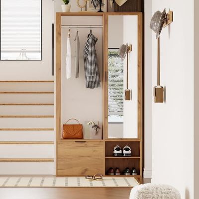 Garderobeskab 100×33×190 cm 6-i-1 entréskab med knagerække, spejl, håndvask, underdør, entrémøbler i træfarve
