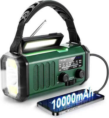 Nödradio 10000mAh med Ficklampa, Solcell Vevradio, AM/FM Väderradio, SOS Larm, Typ-C Laddning