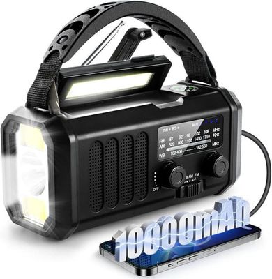 Nödradio 10000mAh med Ficklampa, Solcell Vevradio, AM/FM Väderradio, SOS Larm, Typ-C Laddning