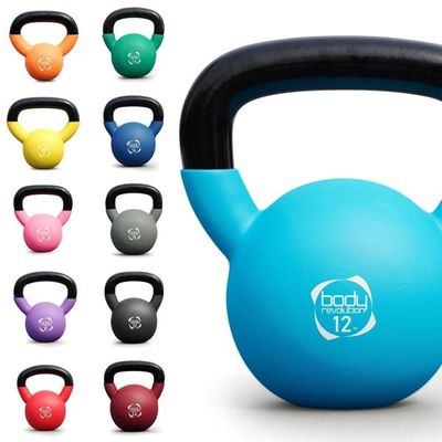 Body Revolution 14 kg Neopren Kettlebell – Grøn støbejernsvægt med flad base – Farvekodet for nem identifikation – Ergonomisk håndtag til