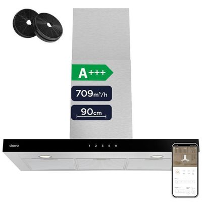 CIARRA Väggmonterad Fläkt 90cm WiFi Touch A+++ 709m³/h 56dB Booster 2 x Kolfilter Återvinning eller Utsläpp Svart & Rostfritt Stål