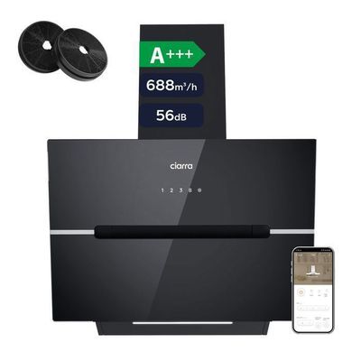 CIARRA Inklinerad Köksfläkt 60 cm, 688 m³/h, A+++, Wi-Fi, Touch, 4 Hastigheter, Booster, Kolfilter ingår, Svart, CD6736FB