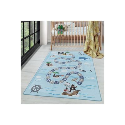 Barnmatta - AYYILDIZ - Play 2908 BLÅ - Maritimt piratmotiv - Blå - 160x230 cm