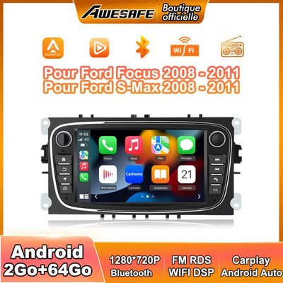 AWESAFE Autoradio Android 13 för Ford Focus C-Max S-Max Mondeo Kuga Galaxy 2Go+64Go 7 '' Pekskärm Carplay Android Auto