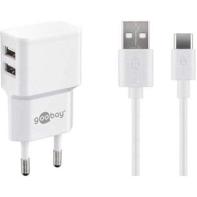 USB-laddare - Goobay - USB-C™ Dubbel laddningsset 2,4 A - 2 x USB 2.0 typ A - Färg vit - 240 V/AC