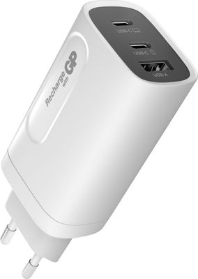 GP GaN PD 65 W -nätadapter, 2x USB-C + 1x USB-A, vit