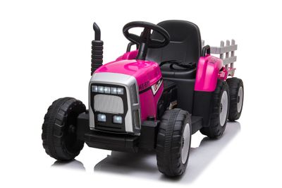 Rosa elektrisk traktor med släpvagn & fjärrkontroll för barn, LED-belysning, musikpanel, 2 hastigheter, CE-märkt