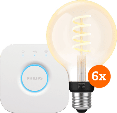 Philips Hue Filament White Ambiance Globe 6-Pack + Bridge