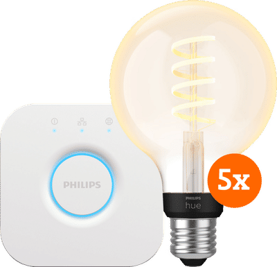 Philips Hue Filament White Ambiance Globe 5-Pack + Bridge