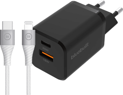 BlueBuilt Snellader met 2 Usb Poorten 38W Zwart + Lightning Kabel 1,5m