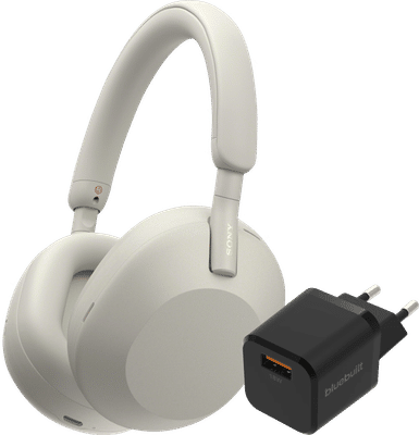 Sony WH-1000XM5 Zilver + BlueBuilt Quick Charge Oplader met Usb A Poort 18W Zwart