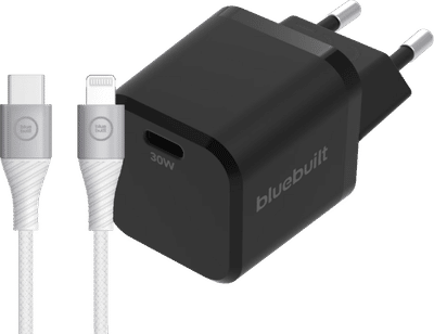 BlueBuilt Power Delivery Oplader 30W Zwart + Lightning Kabel 1,5m Nylon Wit
