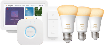 Philips Hue White Ambiance Starter Pack E27 3-pack + dimmer + Bridge + Google Nest Hub 2
