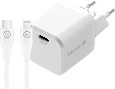 BlueBuilt Power Delivery Oplader 20W + Lightning Kabel 3m Nylon Wit