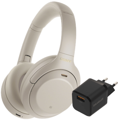 Sony WH-1000XM4 Zilver + BlueBuilt Quick Charge Oplader met Usb A Poort 18W Zwart