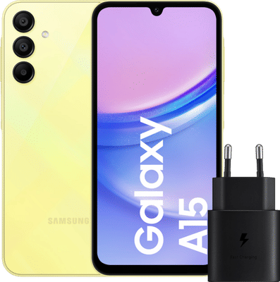 Samsung Galaxy A15 128GB Geel 4G + Samsung Oplader 25 Watt Zwart