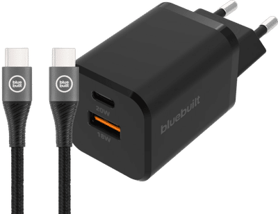 BlueBuilt Snellader met 2 Usb Poorten 38W Zwart + Usb C Kabel 1,5m