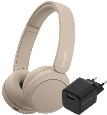 Sony WH-CH520 Crème + BlueBuilt Quick Charge Oplader met Usb A Poort 18W Zwart
