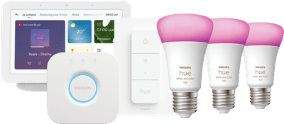 Philips Hue White and Color Starter Pack E27 3-pack + dimmer + Bridge + Google Nest Hub 2