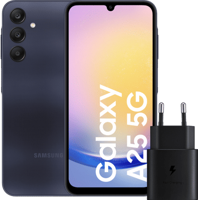 Samsung Galaxy A25 128GB Donkerblauw 5G + Samsung Oplader 25 Watt Zwart