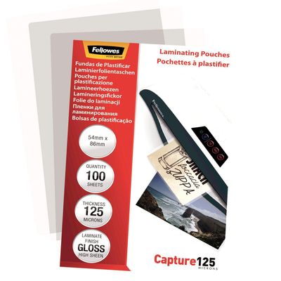 Lamineringslommer Fellowes 54x85mm 125 micron, blank - 100 stk./pakke