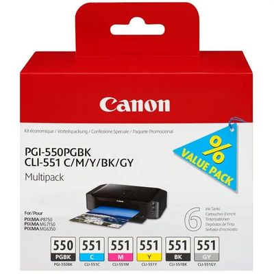 Canon PGI-550/CLI-551 PGBK/C/M/Y/BK/GY Multi Pack - 6-pack - grå, svart, gul, cyan, magenta - original - blekkbeholder - for PIXMA iP7250, iP8750, ...