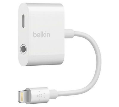 Belkin 3.5 mm Audio + Charge RockStar - Belysning til hodetelefonsjakk / ladeadapter - Lightning hann til Lightning, 4-polsminijakk hunn - hvit