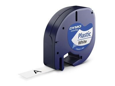 Labeltape DYMO LetraTag 12mm x 4m hvid plasttape
