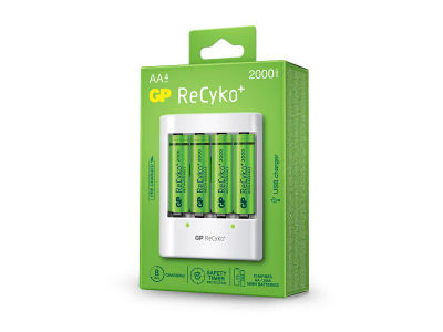 GP-batterier ReCyko+ 4 x AA oppladbare batterier 2000 mAh + lader