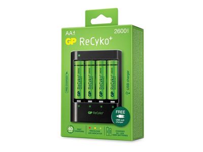 GP-batterier ReCyko+ 4 x AA oppladbare batterier 2600 mAh + hurtiglader
