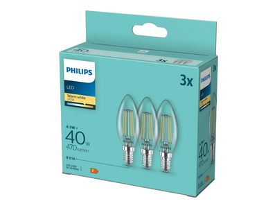 Philips Filamentti kynttilälamppu kirkas 40W B35 E14 x3, 4,3 W, 40 W, E14, 470 lm, 15000 h, Lämmin valkoinen
