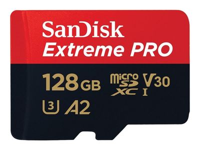 SanDisk Extreme Pro - Flashminnekort (microSDXC til SD-adapter inkludert) - 128 GB - A2 / Video Class V30 / UHS-I U3 / Class10 - microSDXC UHS-I