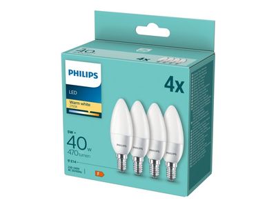 Philips - LED-glödlampa - form: B35 - glaserad finish - E14 - 5 W (motsvarande 40 W) - klass F - varmt vitt ljus - 2700 K (paket om 4)